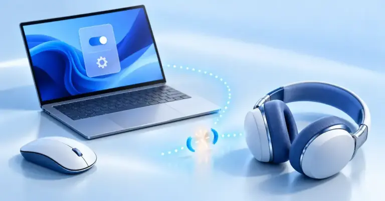 Sinisävyinen kuvitus kannettavasta tietokoneesta, langattomista kuulokkeista ja hiirestä sekä katkennutta Bluetooth-yhteyttä kuvaavasta katkoviivasta.
