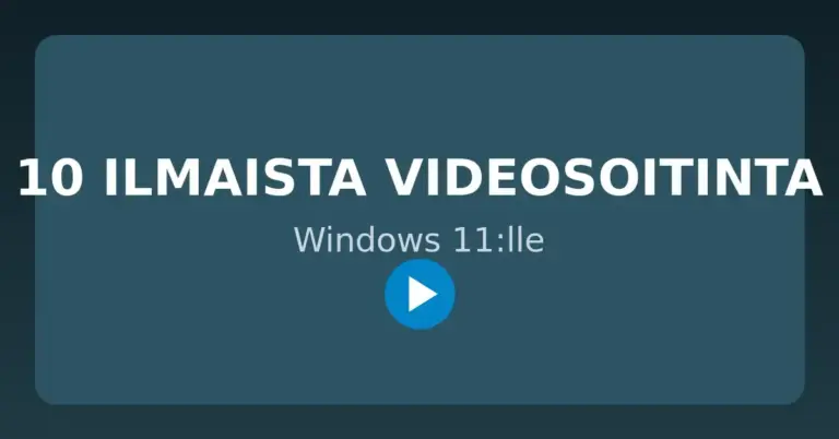 Kuvituskuva, jossa on teksti "10 ilmaista videosoitinta Windows 11:lle" sekä mediasoittimen toistopainike modernilla tummansinisellä taustalla.
