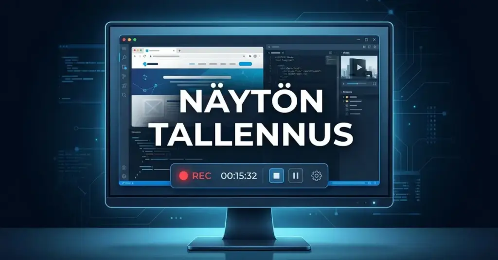 Graafinen kuvitus tietokoneen näytöstä, jossa lukee "Näytön tallennus" ja näkyy tallennuskuvake.
