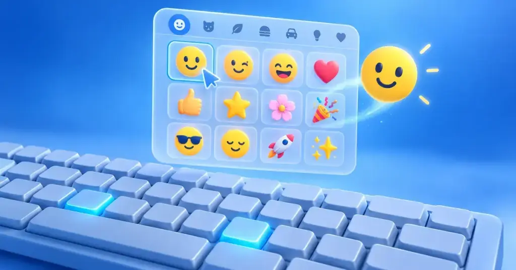 Sinisävyinen kuvitus näppäimistöstä, jonka kaksi näppäintä hehkuu emojivalitsimen ja värikkäiden emojien alla.
